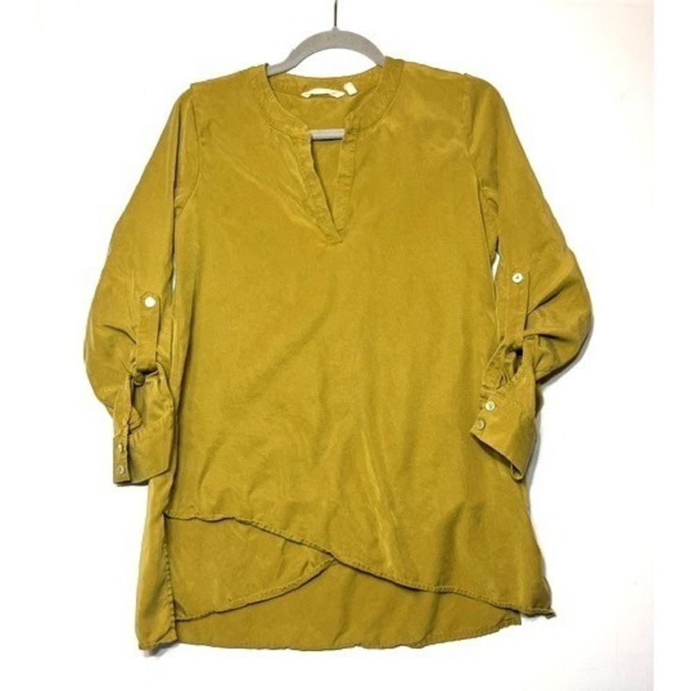 Soft Surroundings Mustard Yellow Tencel Lyocell Tunic Top XS Roll Tab Sleeve